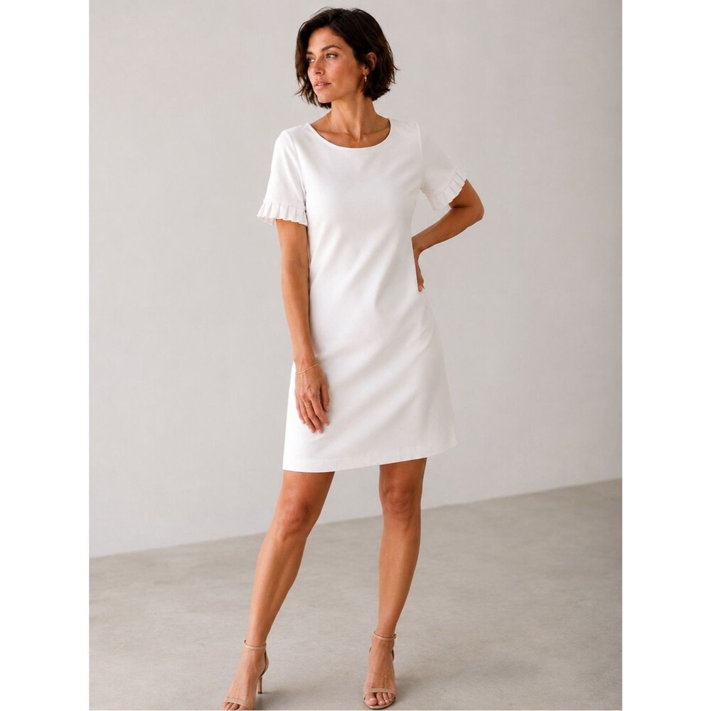 Tommy Hilfiger Scuba Crepe Sheath Dress Ruffle Sleeve Ivory White Petite 6P NEW